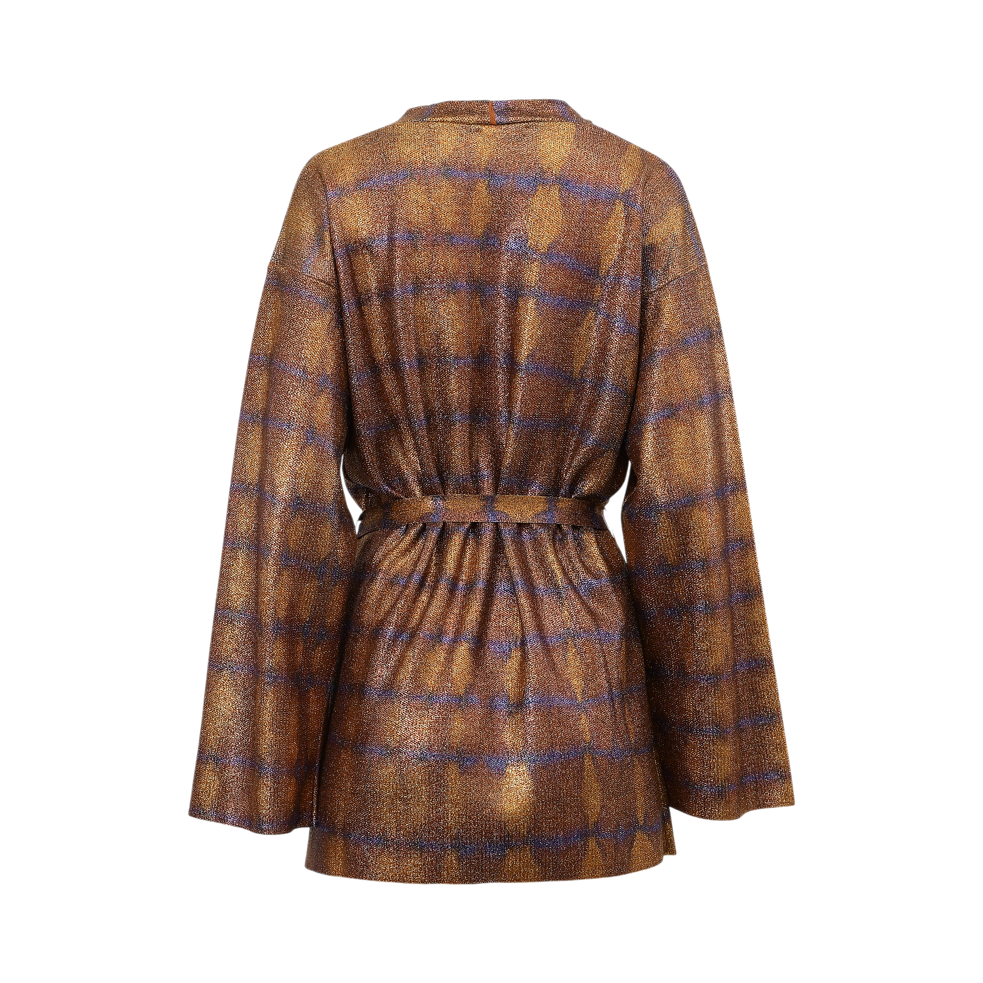 Shimmering burnt bronze cardigan with violet horizontal stripes, wide sleeves, and a matching belt cinching the waist.
