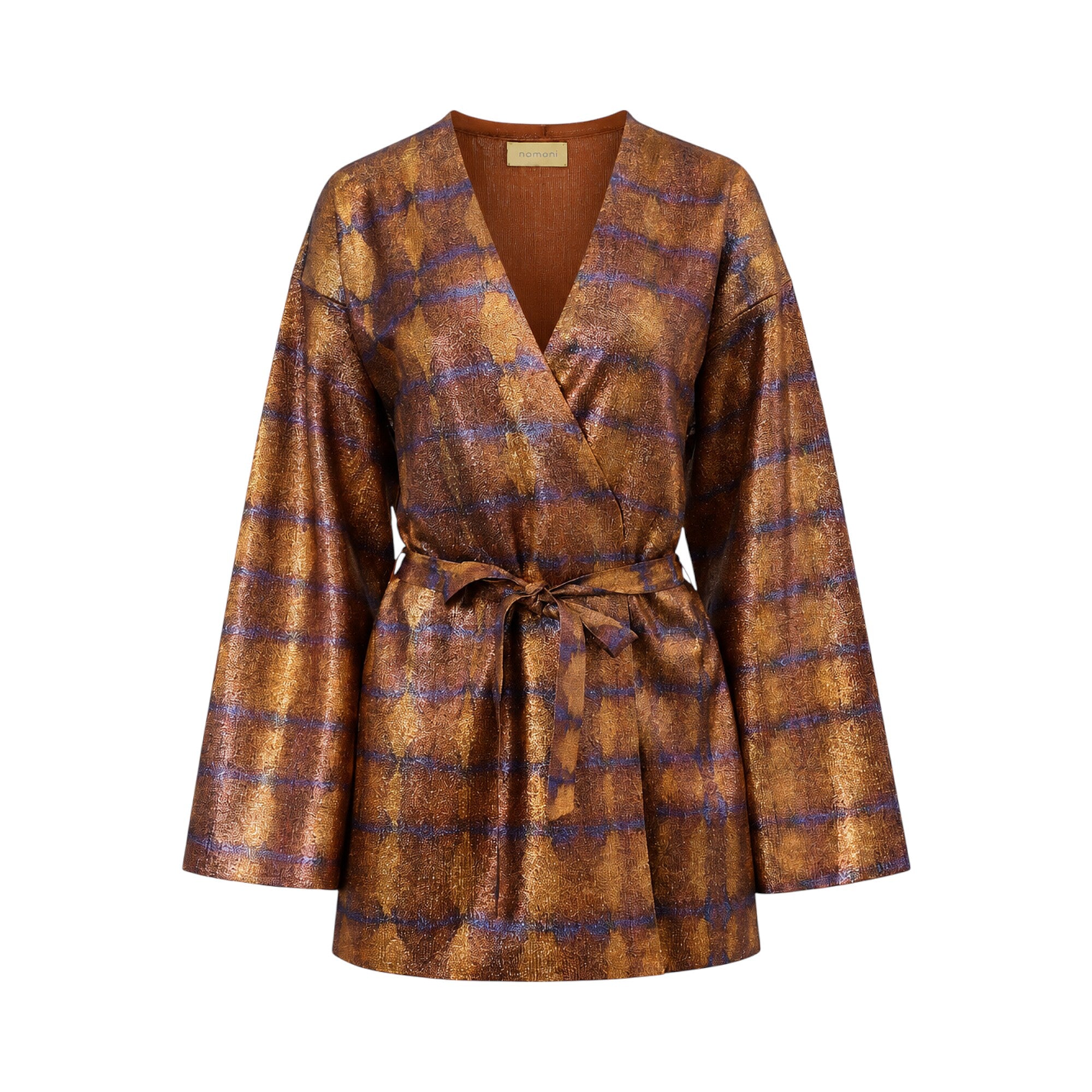 Momoni wrap cardigan in burnt orange and purple plaid-like pattern with wide sleeves and a self-tie waist belt.