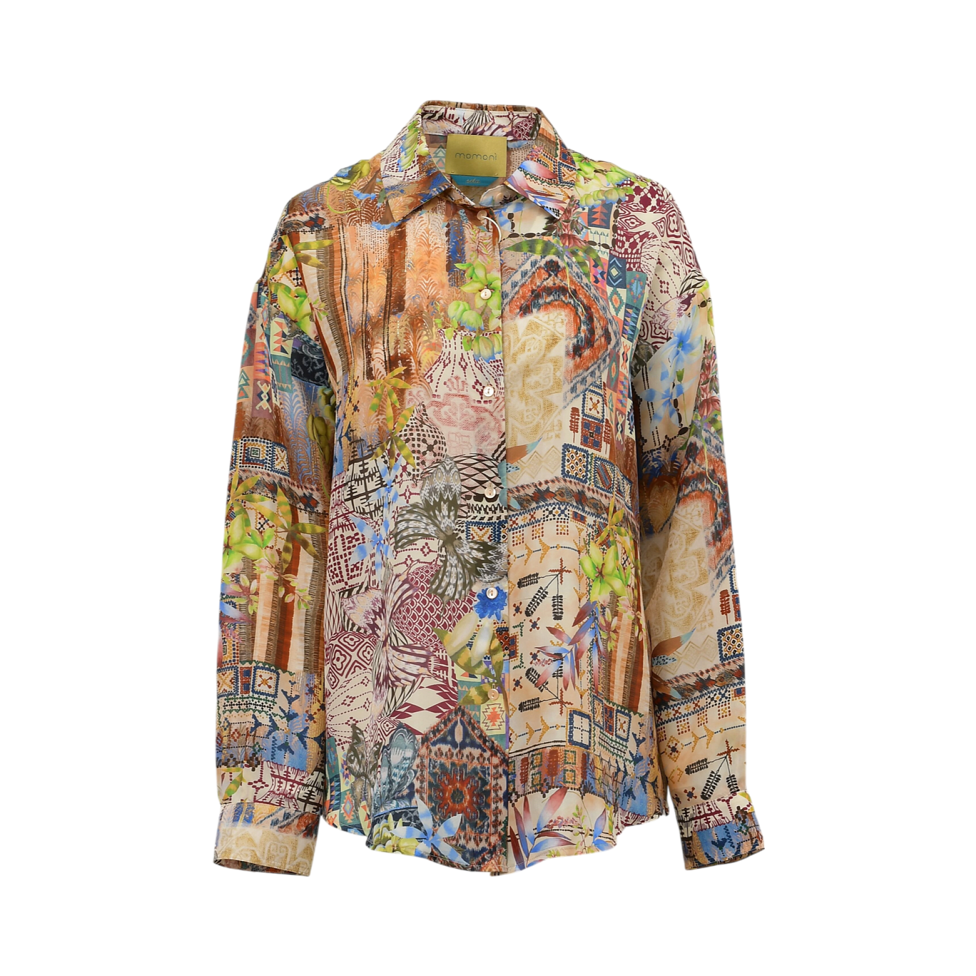 Momoni Colinas shirt in terra multicolor, featuring a patchwork-style pattern with various abstract, geometric, and floral mo