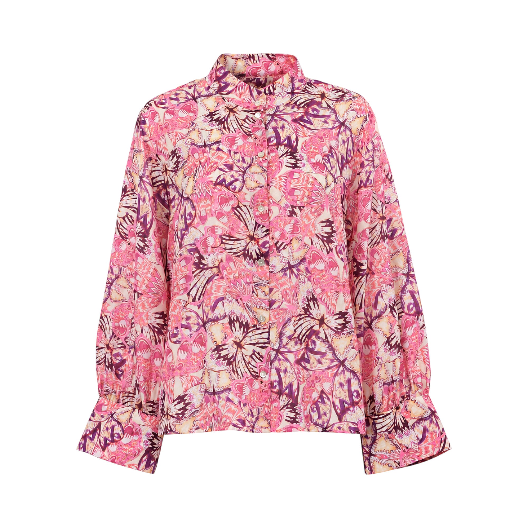 Pink and purple abstract butterfly-patterned long-sleeved shirt with a stand collar and gathered cuffs.