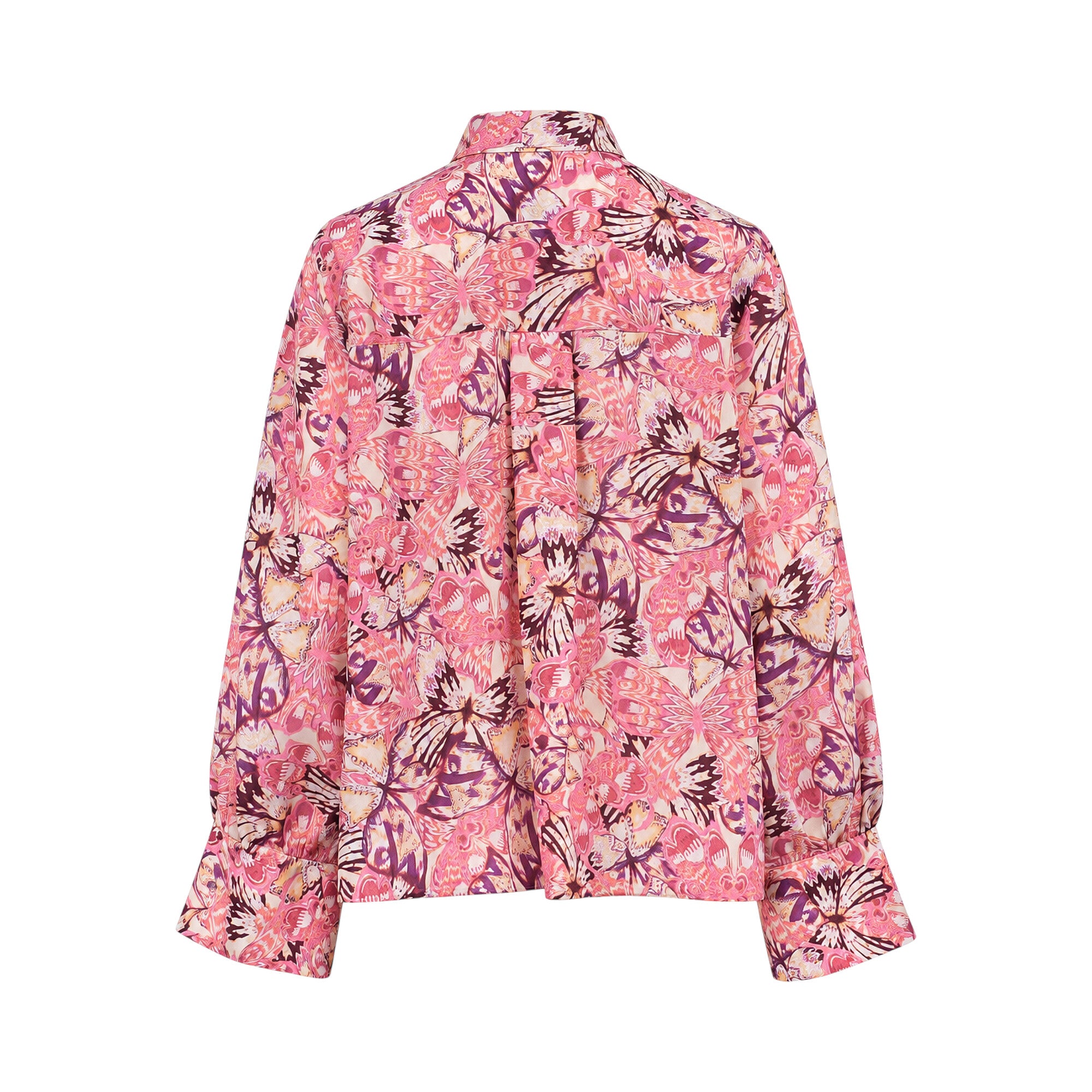 Pink long-sleeved shirt with a multi-toned butterfly print. It has a collar, back yoke, and buttoned cuffs.