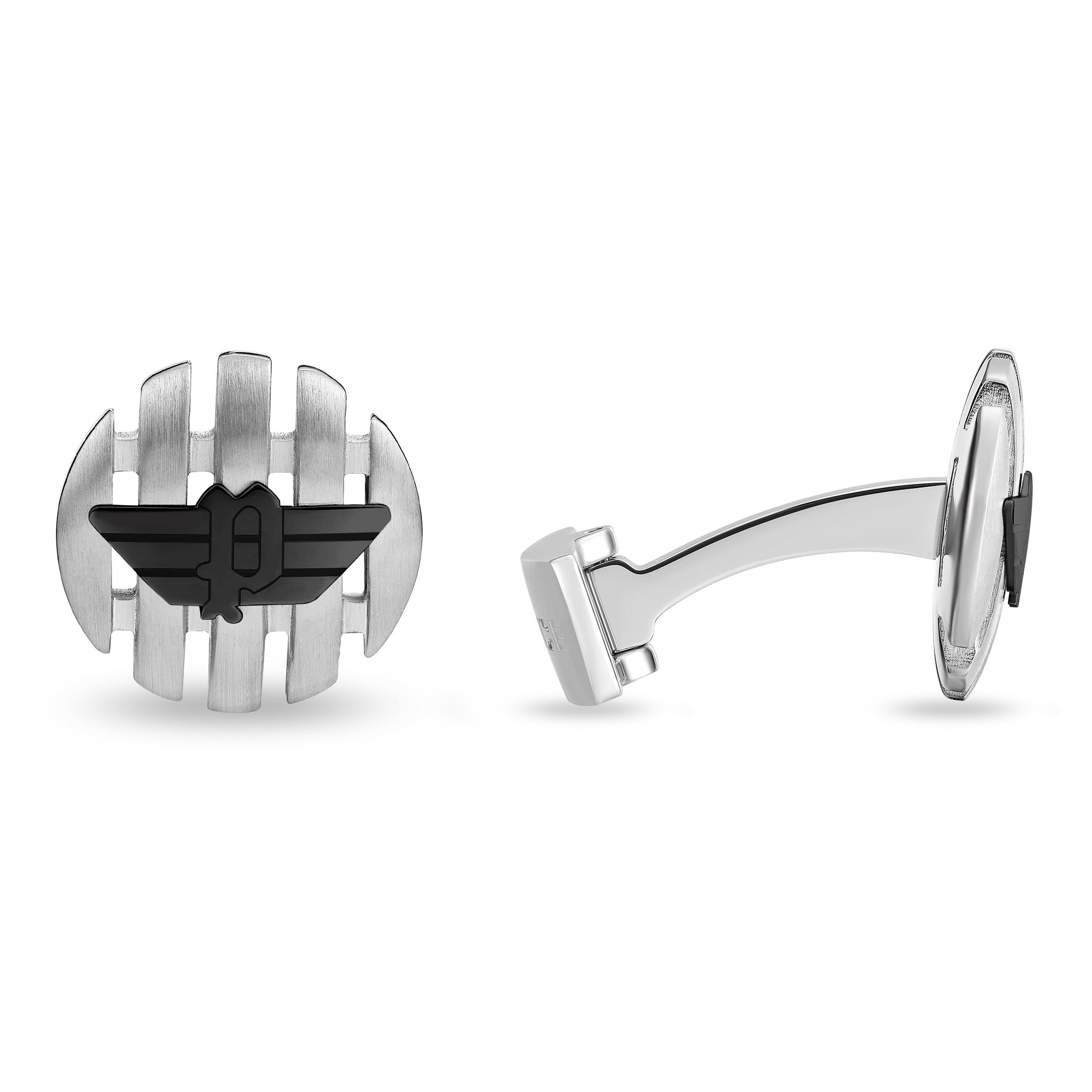 Silver-toned oval cufflinks with vertical bars and a black Police wing logo, one shown from front, one from side.