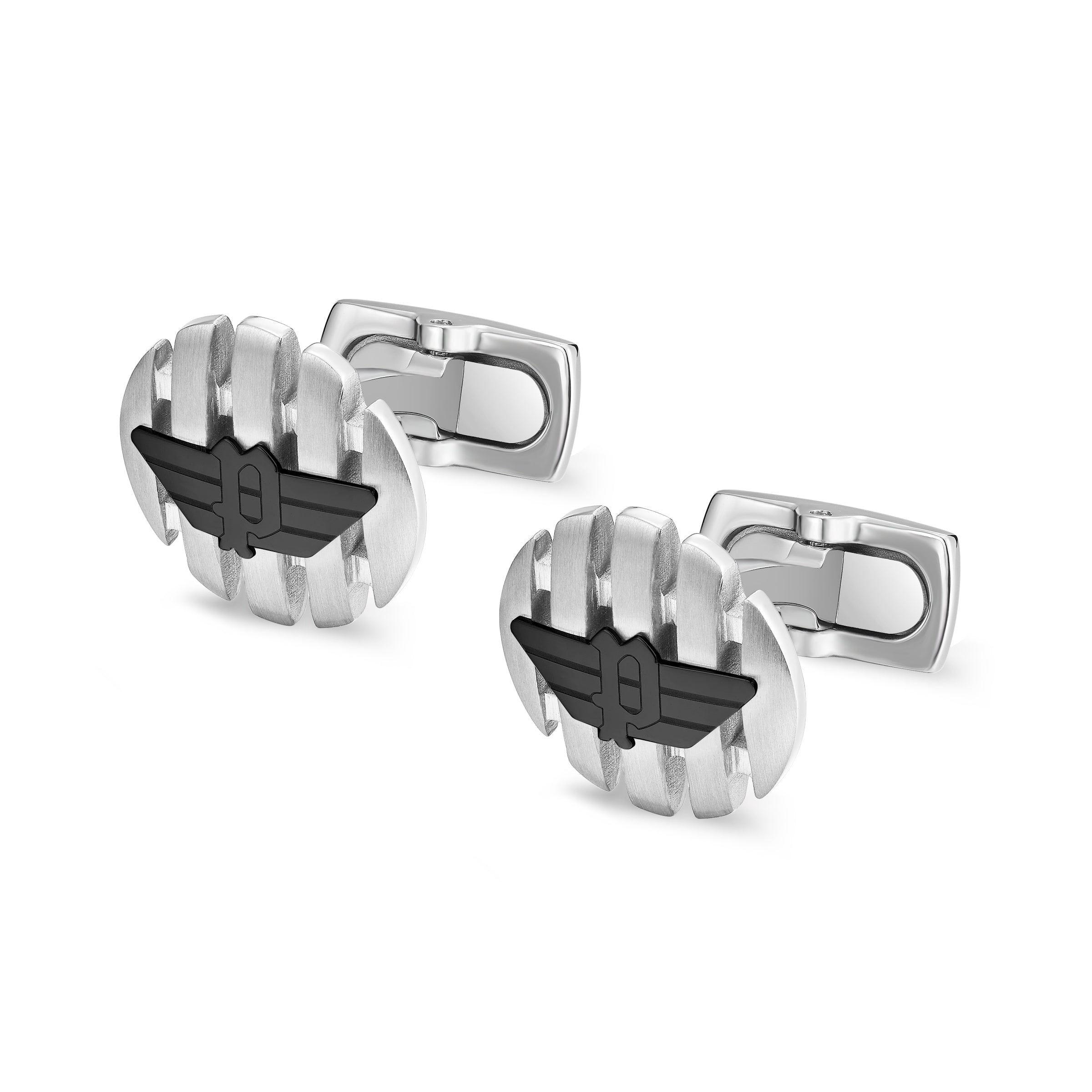 Silver-toned ribbed oval cufflinks, each with a black matte wing logo. Polished silver-toned toggle closures.