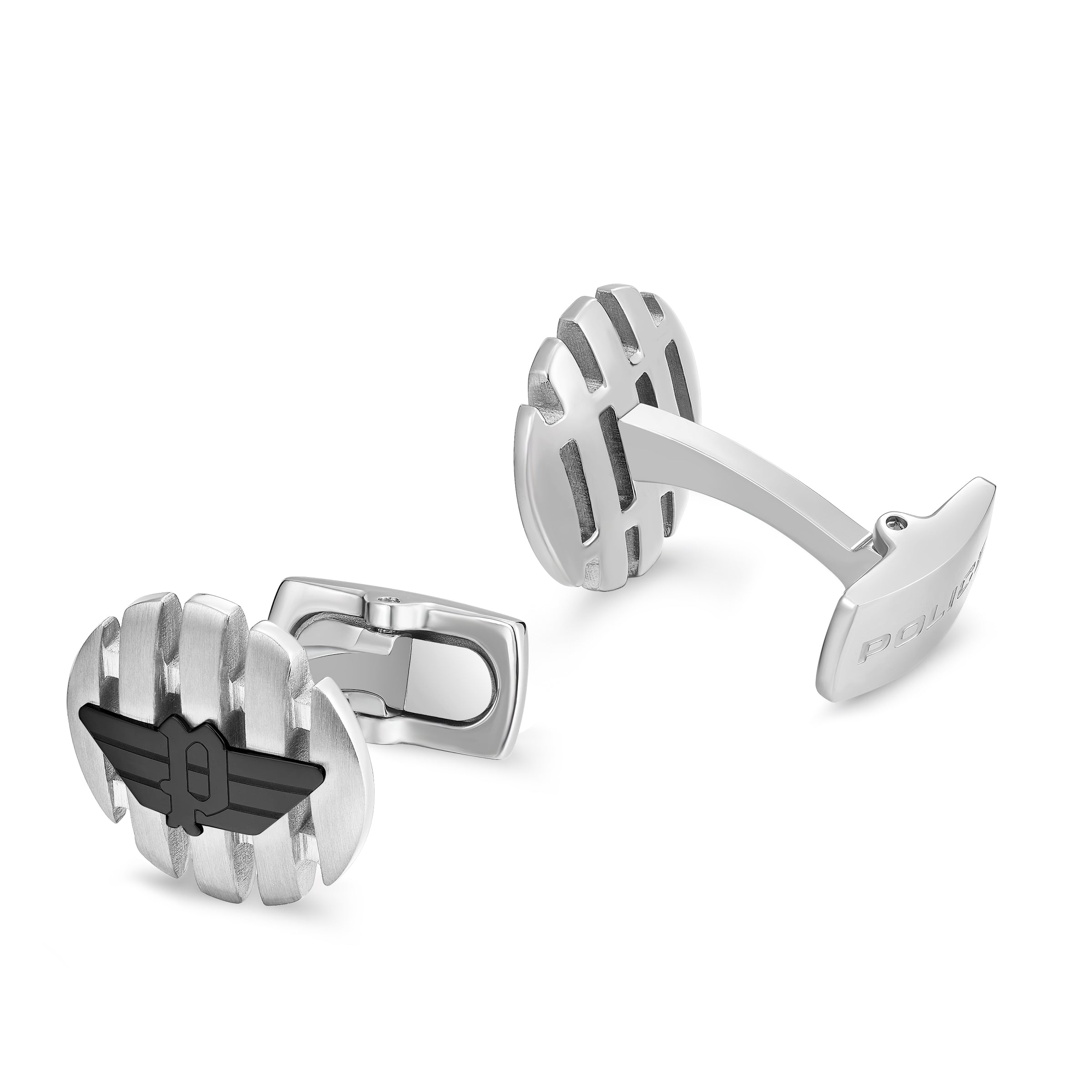 Pair of silver-toned cufflinks. One has an oval, ridged face with a black wing logo. The other shows its ridged back and curv