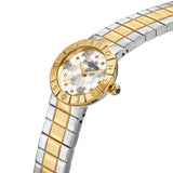 Two-toned watch with a gold-toned bezel engraved with "SAINT HONORE", a white floral pattern dial, and a gold-toned and silve