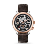 Saint Honore men's watch with a silver and rose gold-toned case, black skeleton dial, and dark brown crocodile-embossed leath