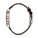 Watch with silver-toned case, rose-gold-toned side, two textured rose-gold-toned crowns, dark brown leather strap, silver-ton