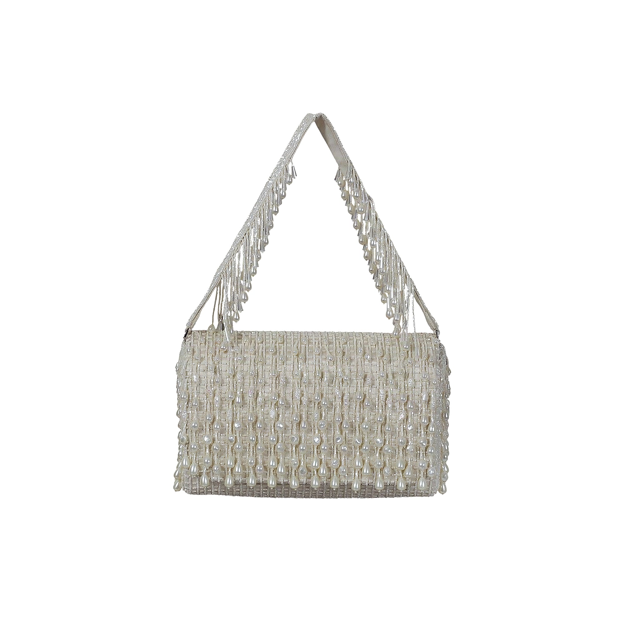 Pristine ivory rectangular flapover clutch bag, heavily embellished with white beads and teardrop faux pearls, featuring a ma
