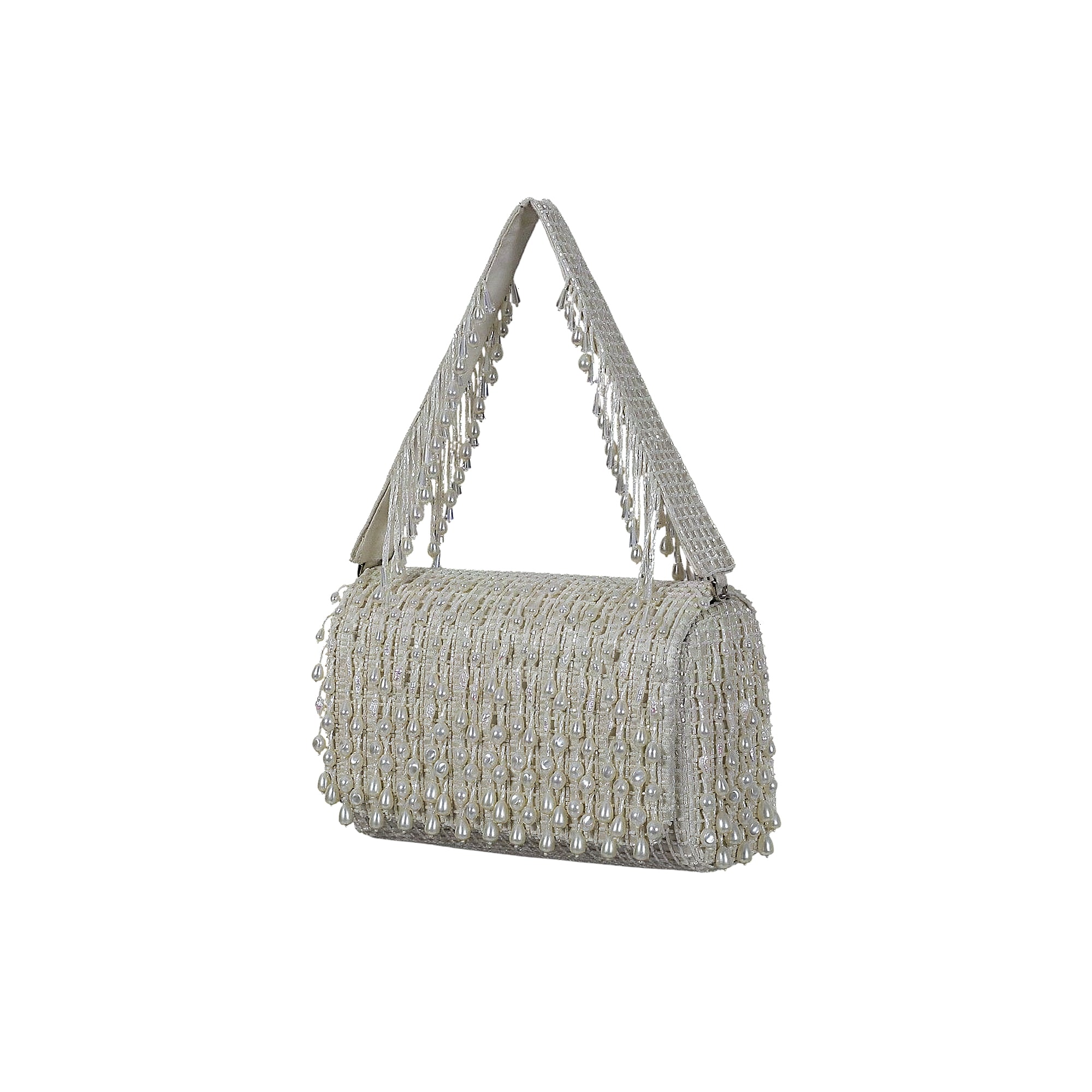 Pristine ivory clutch bag covered in small round and teardrop pearls, with a pearl-fringed strap and body.