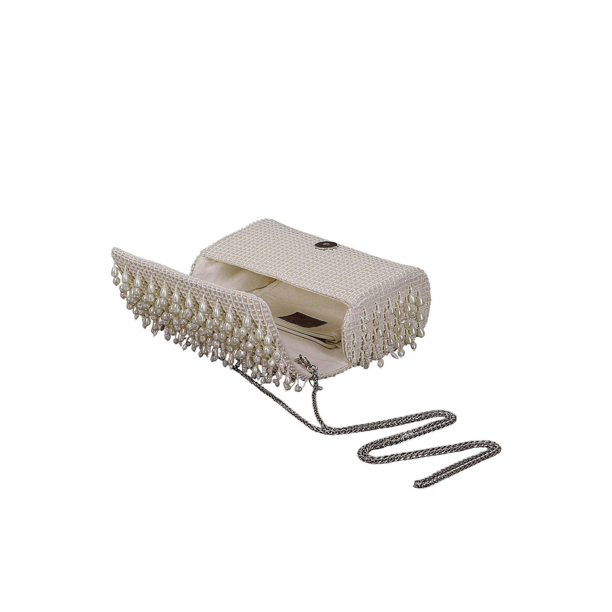 Pristine ivory flapover clutch bag covered in small beads, with a fringe of teardrop pearls and silver-toned beads. Features