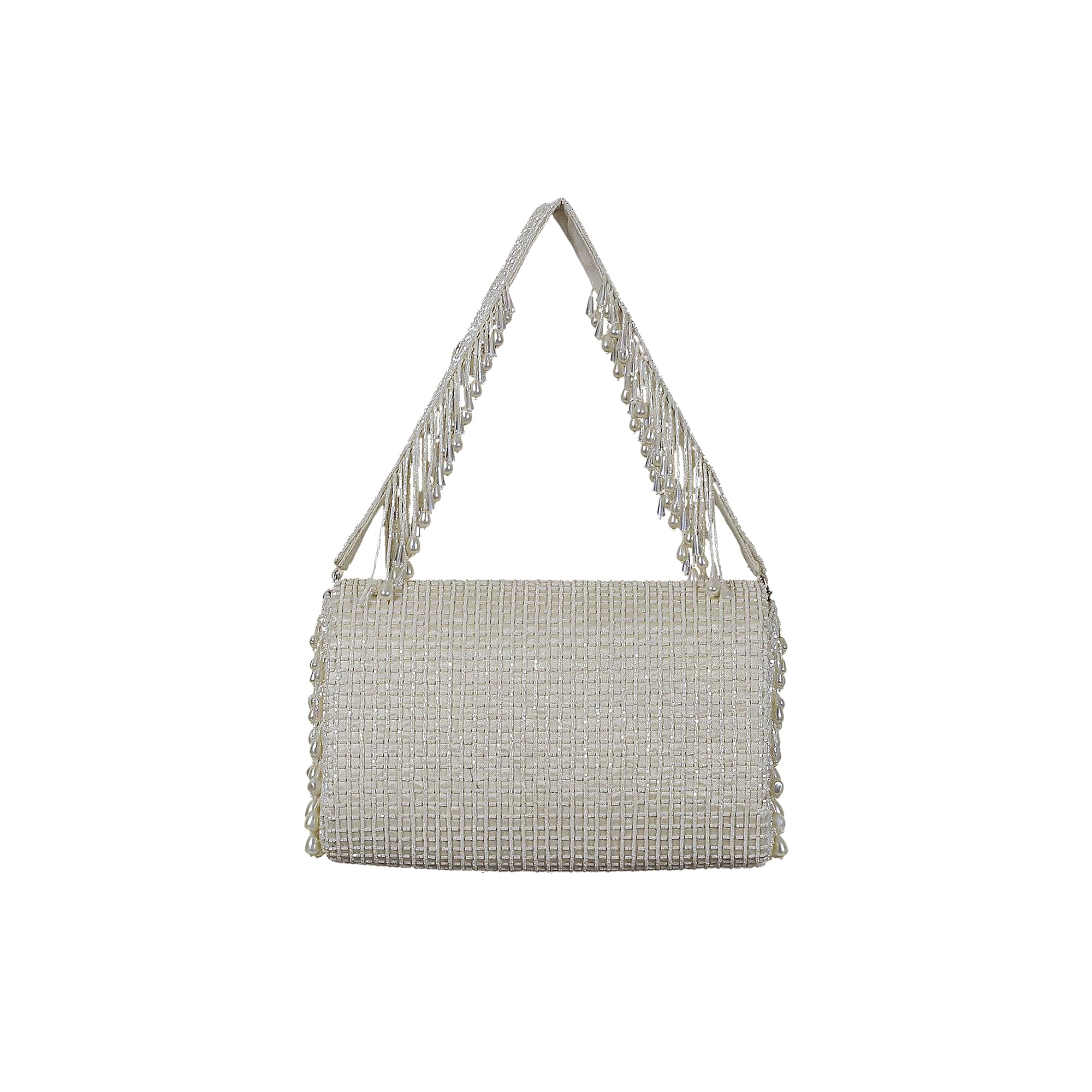 Pristine ivory clutch bag with a beaded grid pattern. It features a fringed handle and beaded sides with dangling teardrop pe