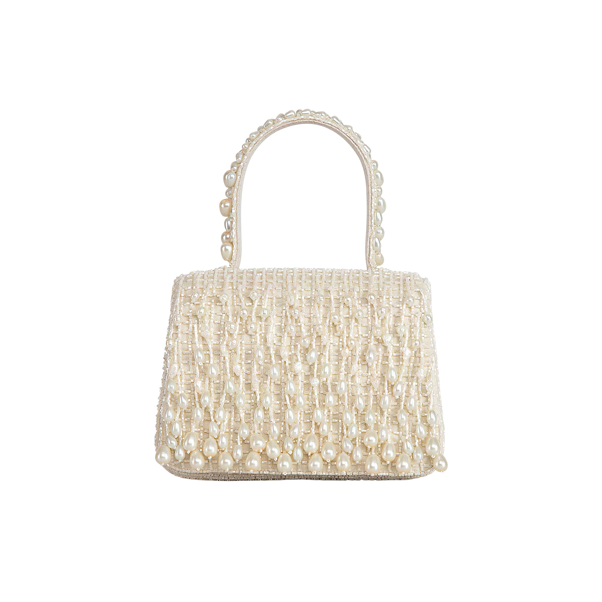 Pristine ivory mini trapezium clutch bag with a single top handle, heavily embellished with off-white faux pearls and beads.
