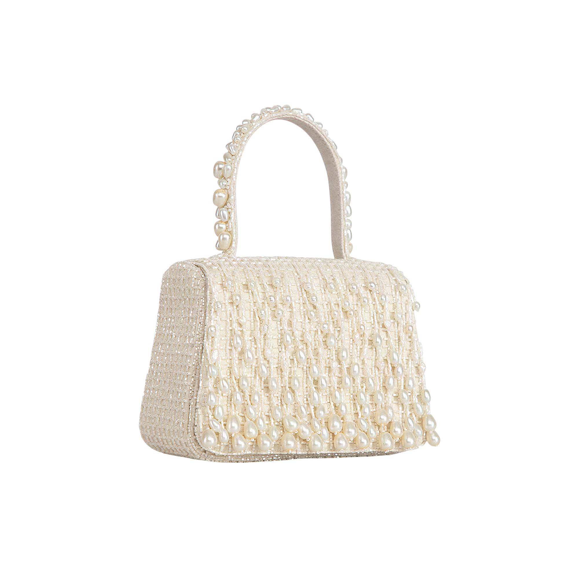 Pristine ivory mini trapezium clutch with a pearl-beaded top handle. The bag's body and front flap are covered in small beads