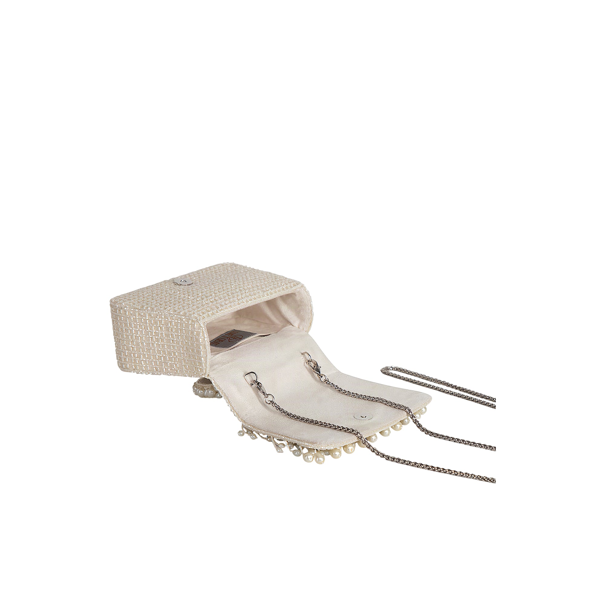 Pristine ivory trapezium clutch bag covered in small beads, with a silver-toned clasp, pearl fringe, and chain strap.