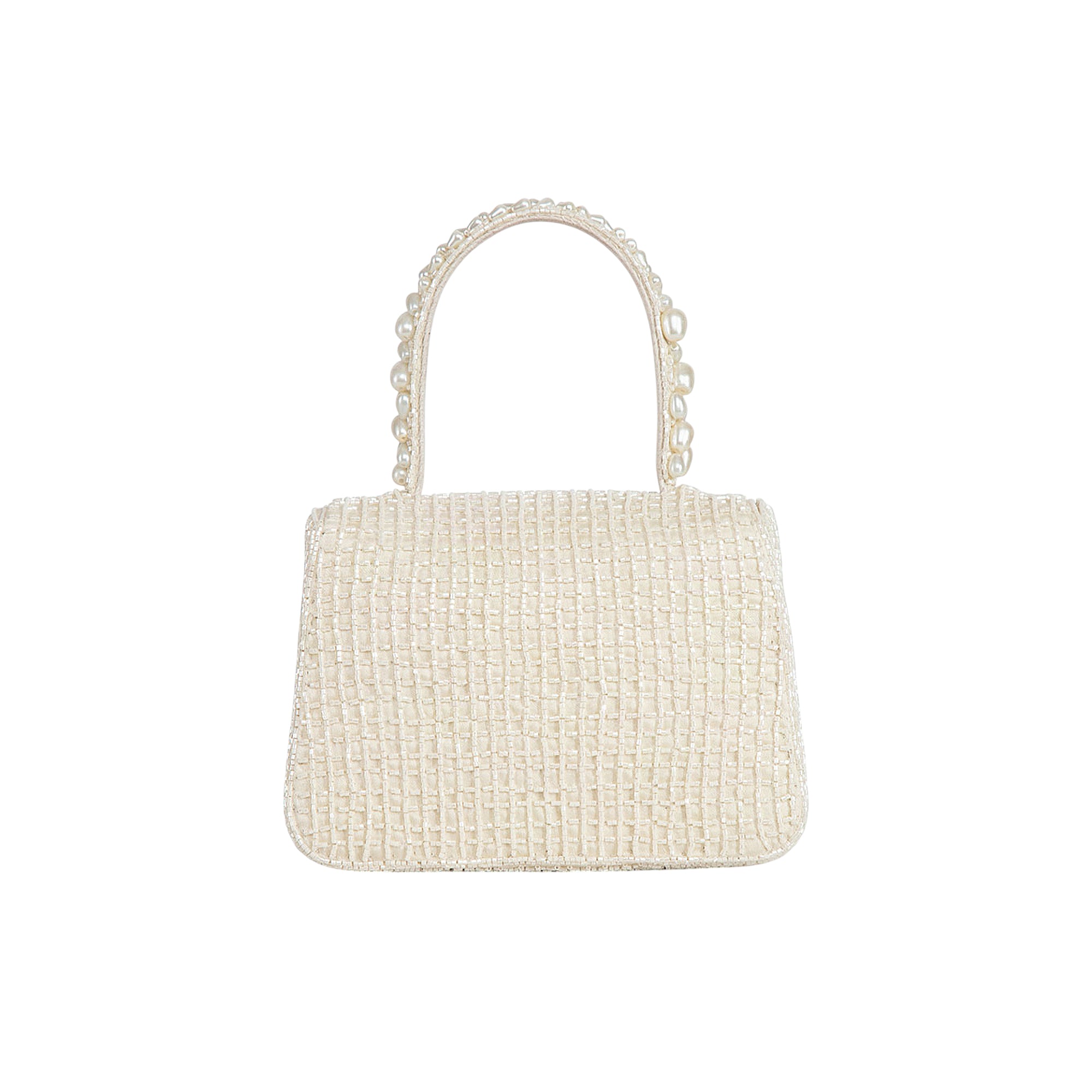 Pristine ivory mini structured handbag with a finely textured, grid-like body and a top handle embellished with small pearl b