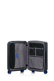 Open interior of the Samsonite Voypod Spinner cabin in Black, revealing the grey recycled fabric lining, height-adjustable packing straps, and dual zippered divider pads. Available for Online Purchase
