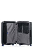 Open interior of the Samsonite Voypod Spinner large in Black, revealing the grey recycled fabric lining, height-adjustable packing straps, and dual zippered divider pads. Shop Online Today