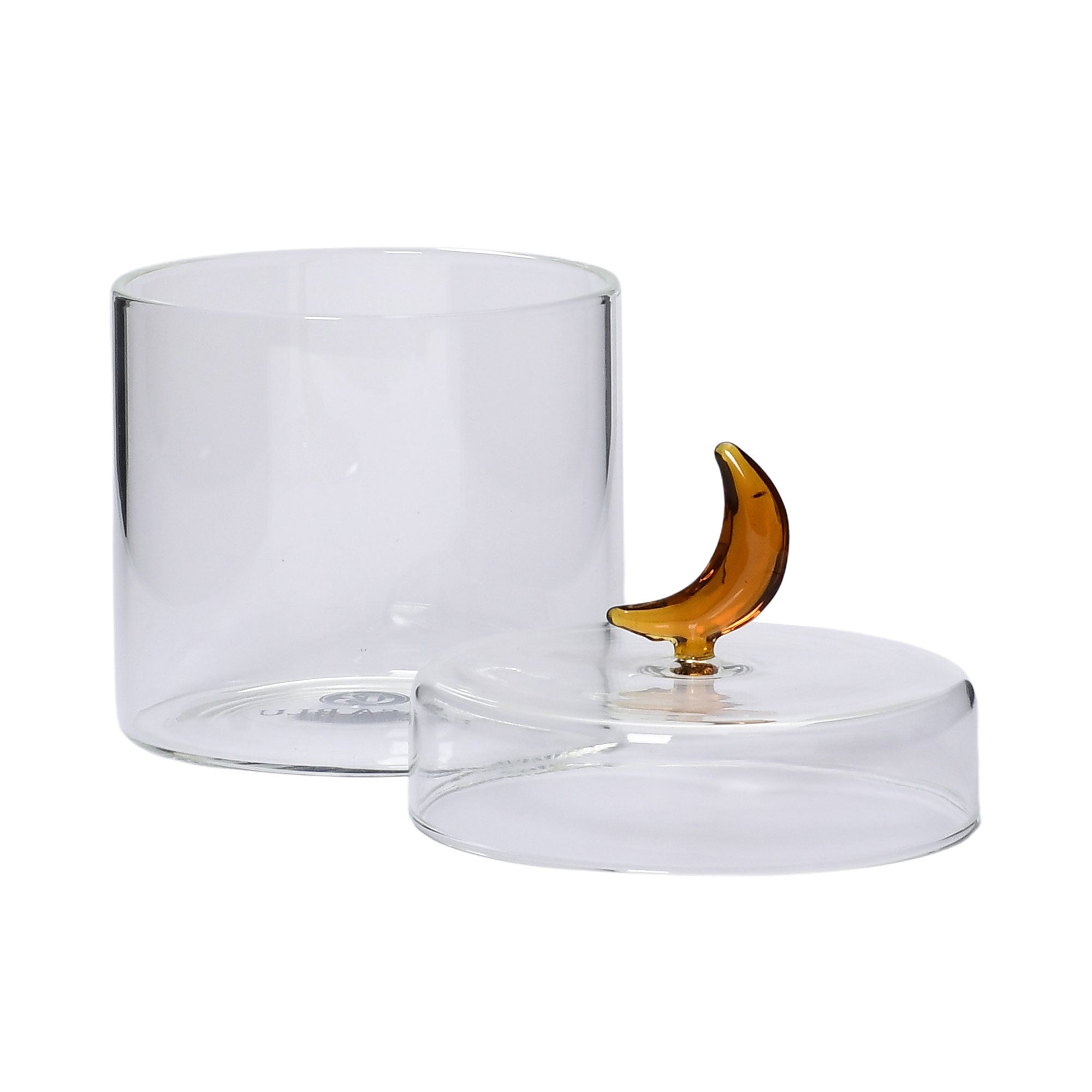 Open lid view of the Favorite Glass clear straight storage jar with amber moon lid. Available for Online Purchase