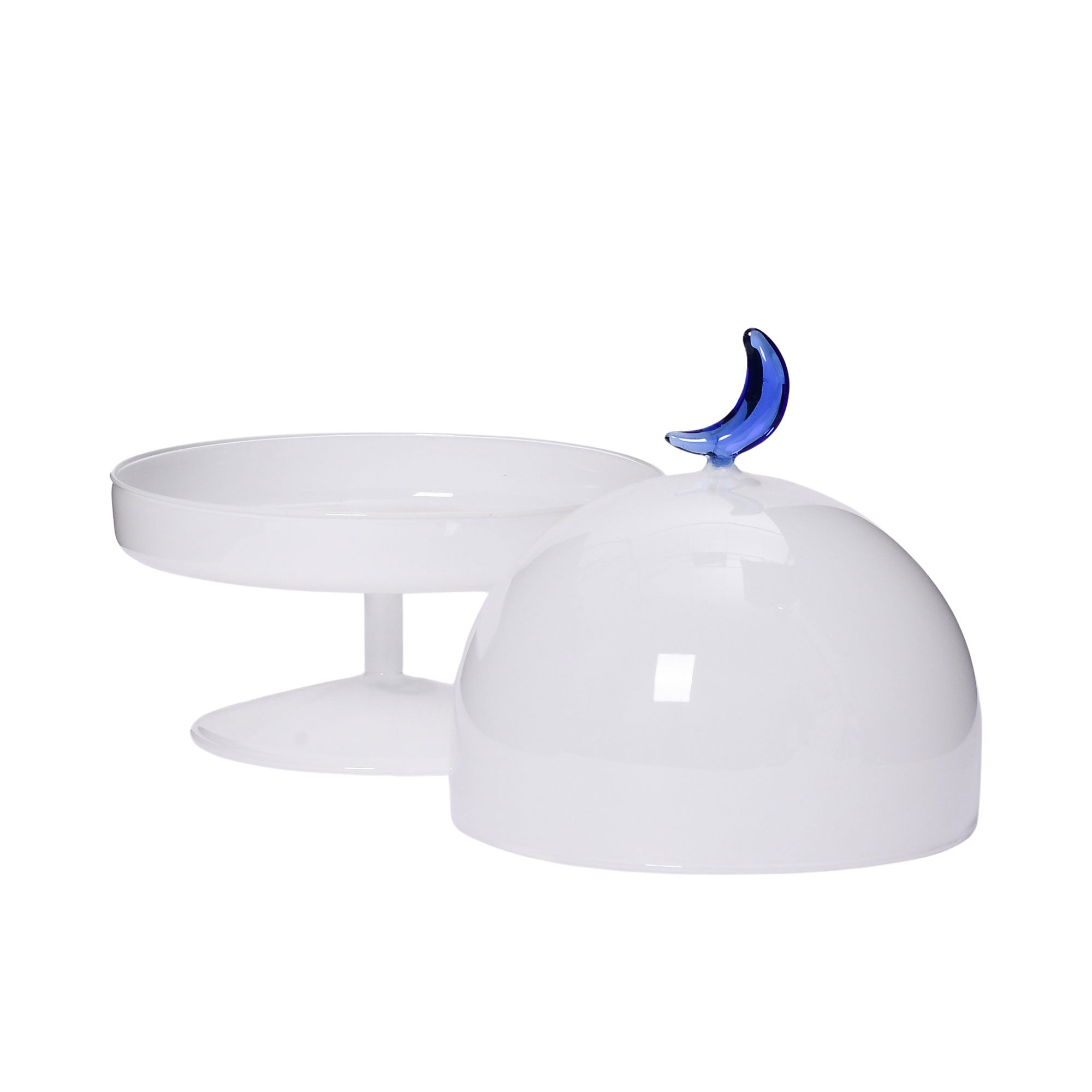 Open lid view of the Favorite Glass white cake stand with white glass dome and blue moon handle. Shop Now Online
