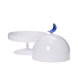 Open lid view of the Favorite Glass white cake stand with white glass dome and blue moon handle. Shop Now Online