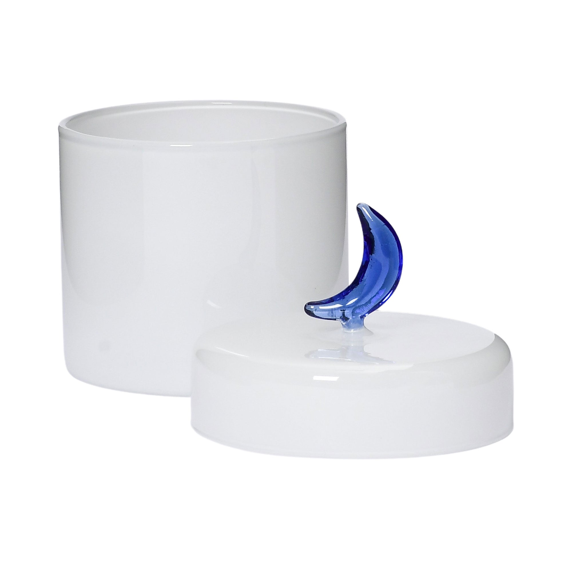 Open lid view of the Favorite Glass white straight storage jar with blue moon lid. Available for Online Purchase