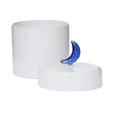 Open lid view of the Favorite Glass white straight storage jar with blue moon lid. Available for Online Purchase