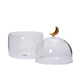 Opened view of the Favorite Glass clear openable dome storage jar with amber moon lid. Shop Now Online