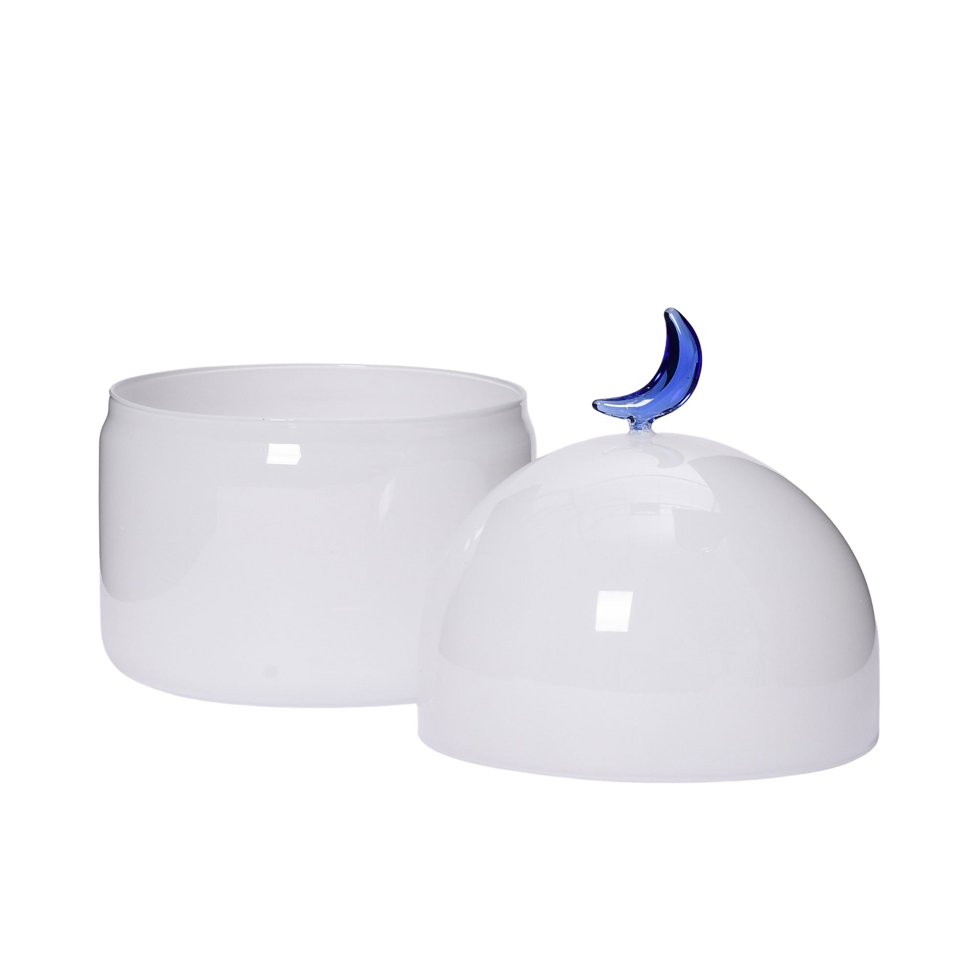 Opened view of the Favorite Glass white openable dome storage jar with blue moon lid. Shop Now Online
