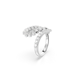 A dynamic three-quarter studio perspective of the Swarovski Vienna open ring from the opposite angle, highlighting the polished silver-toned metal core and the continuous rows of micro-pavé stones adorning the bypass band.