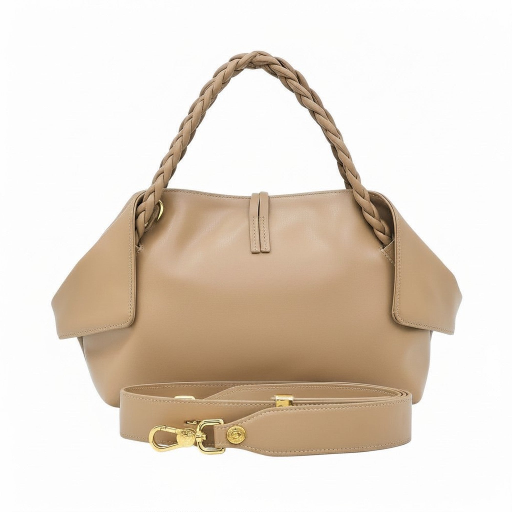 Rear studio view of the beige leather handbag showing the clean leather back panel, stitched center tab, braided handles, and unattached matching leather shoulder strap laid in front, available at BLUE SALON.