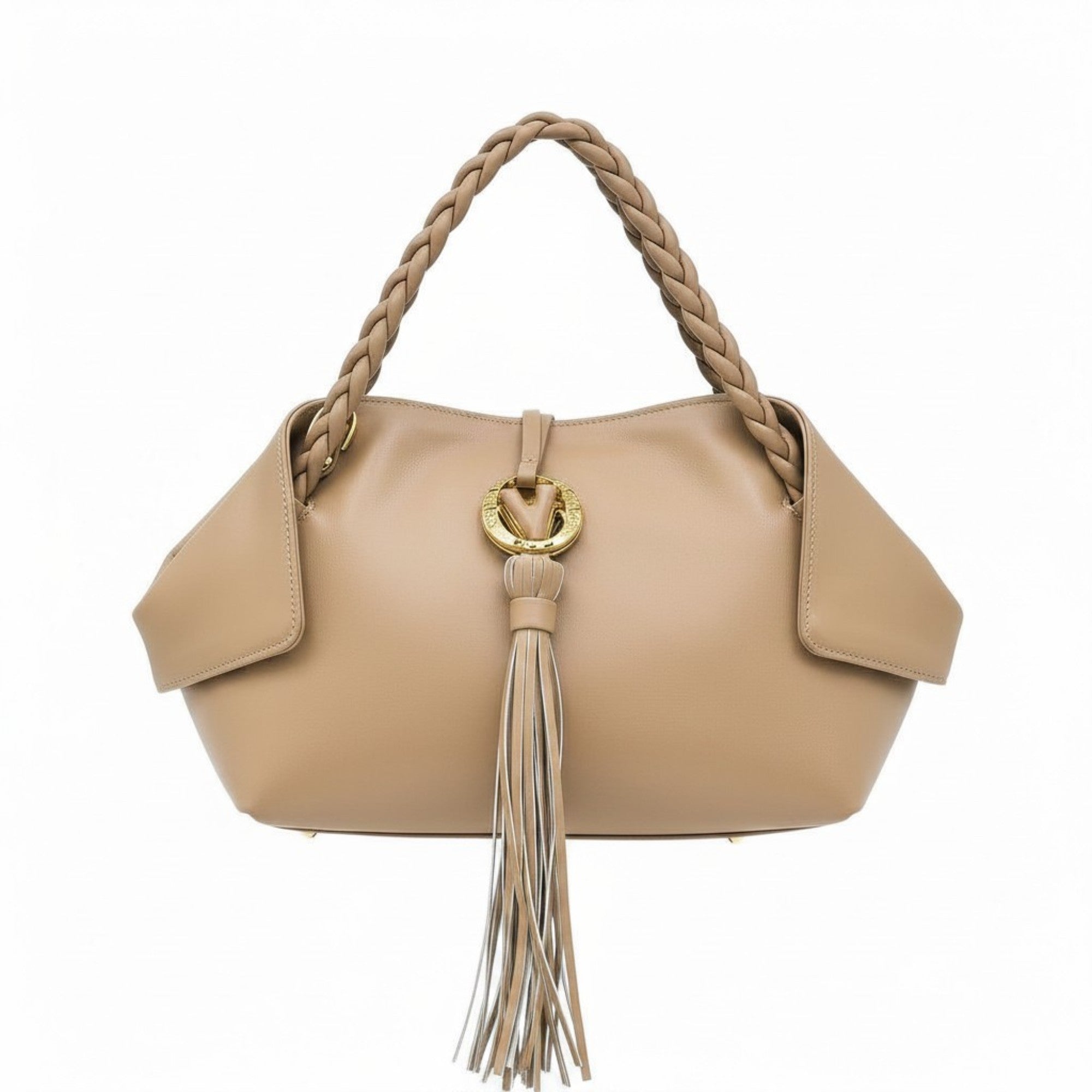 leather handbag with braided top handles, a matching shoulder strap, a gold-tone "V" logo emblem, and a long hanging tassel detail at the front, available at BLUE SALON.