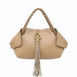 leather handbag with braided top handles, a matching shoulder strap, a gold-tone "V" logo emblem, and a long hanging tassel detail at the front, available at BLUE SALON.