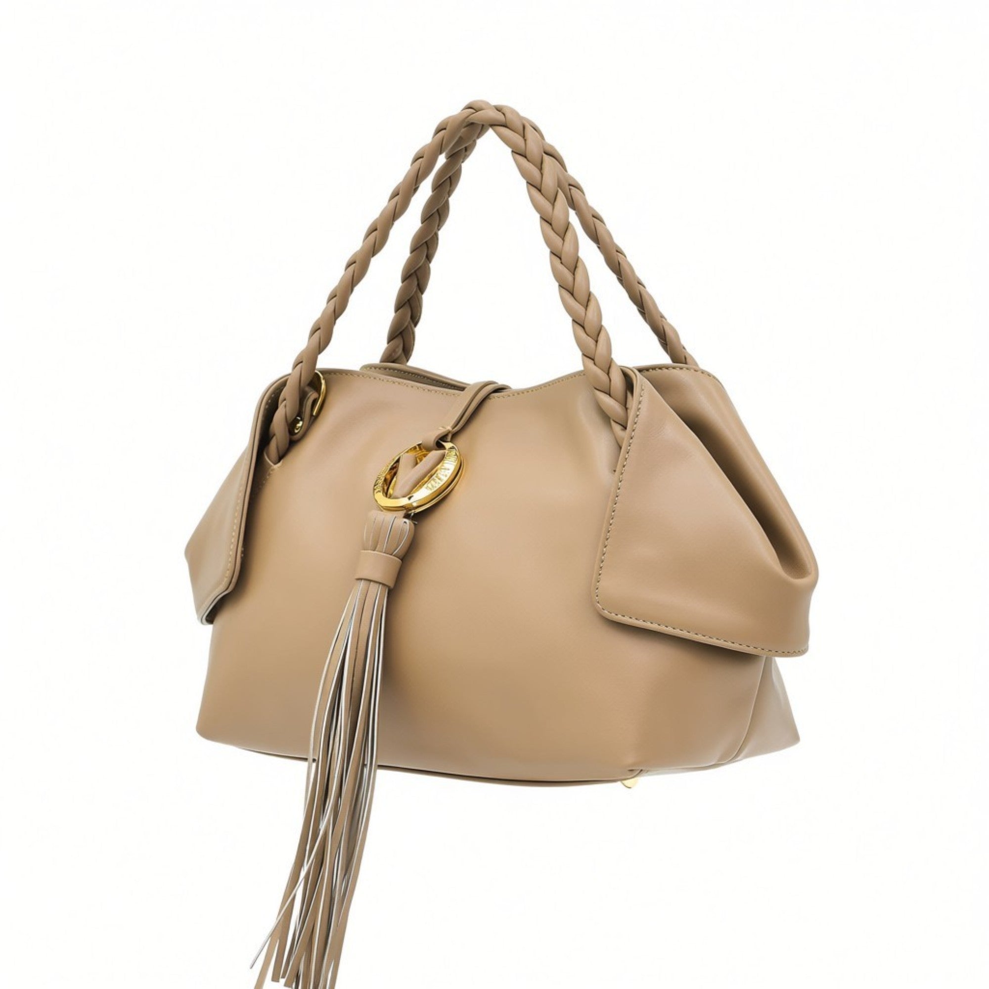 Right three-quarter studio view highlighting beige leather texture, structured base, elegant side wing panels, and braided top handles of the luxury handbag, available at BLUE SALON.