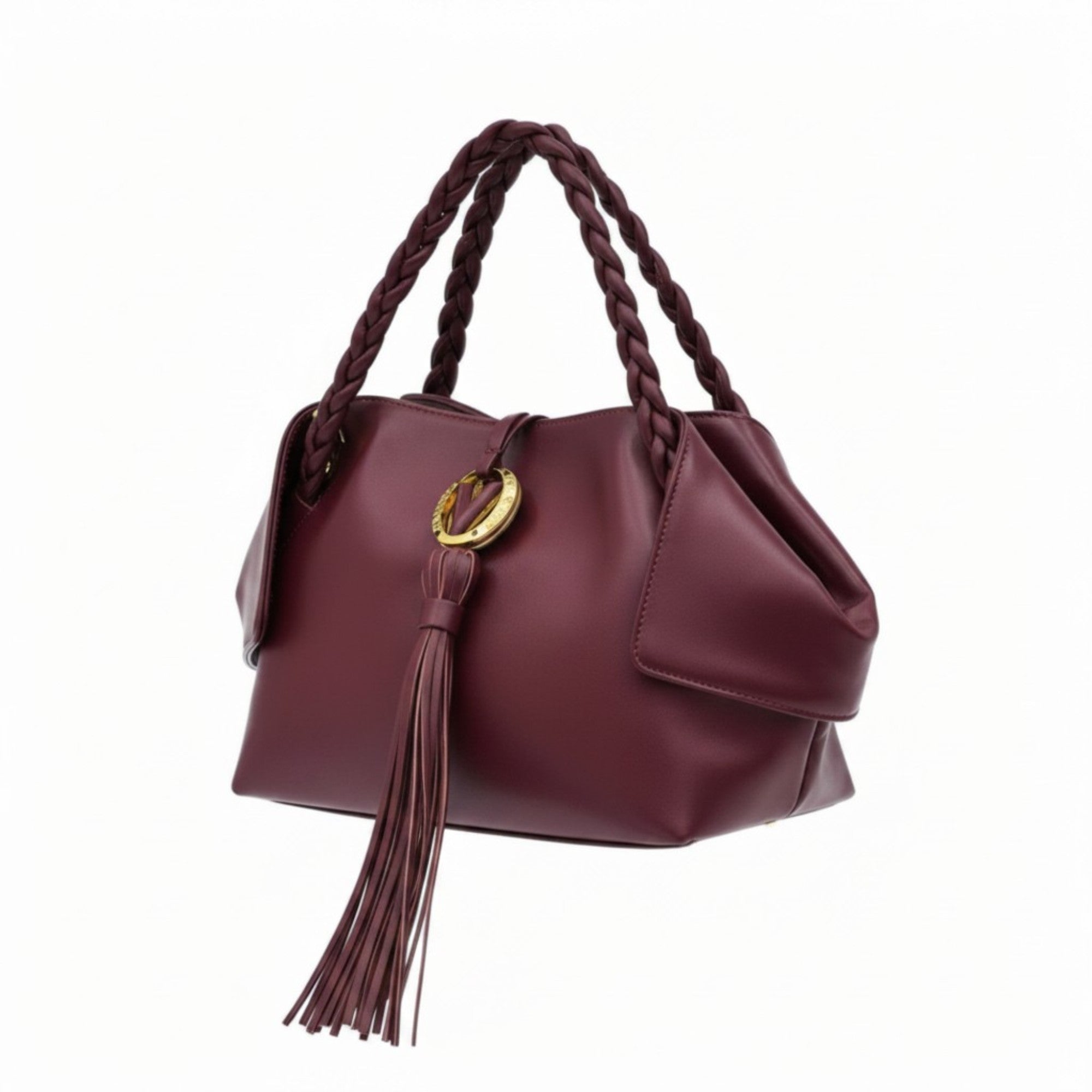 Right three-quarter studio view highlighting the rich burgundy leather texture, structured base, elegant side wing panels, and braided top handles of the luxury handbag, available at BLUE SALON.