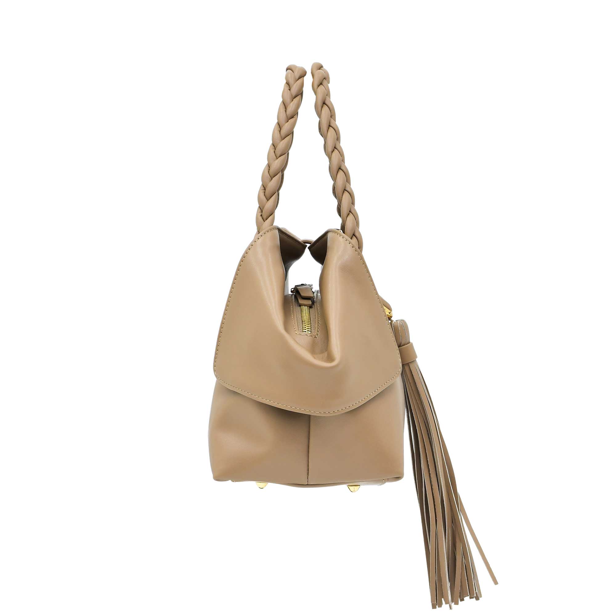 Side profile view of the beige leather handbag showcasing its winged structure, zippered main closure, gold-tone hardware accents, and the side drop of the braided handle, available at BLUE SALON.