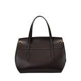 Rear view of the smooth dark brown Valentino Orlandi handbag highlighting its clean design and gold-tone strap attachment rings.
