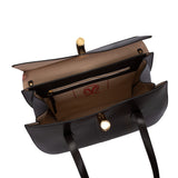 Interior view of the open Valentino Orlandi bag, showing the organized compartments, beige lining, zip pocket, and signature red "V" embroidery.