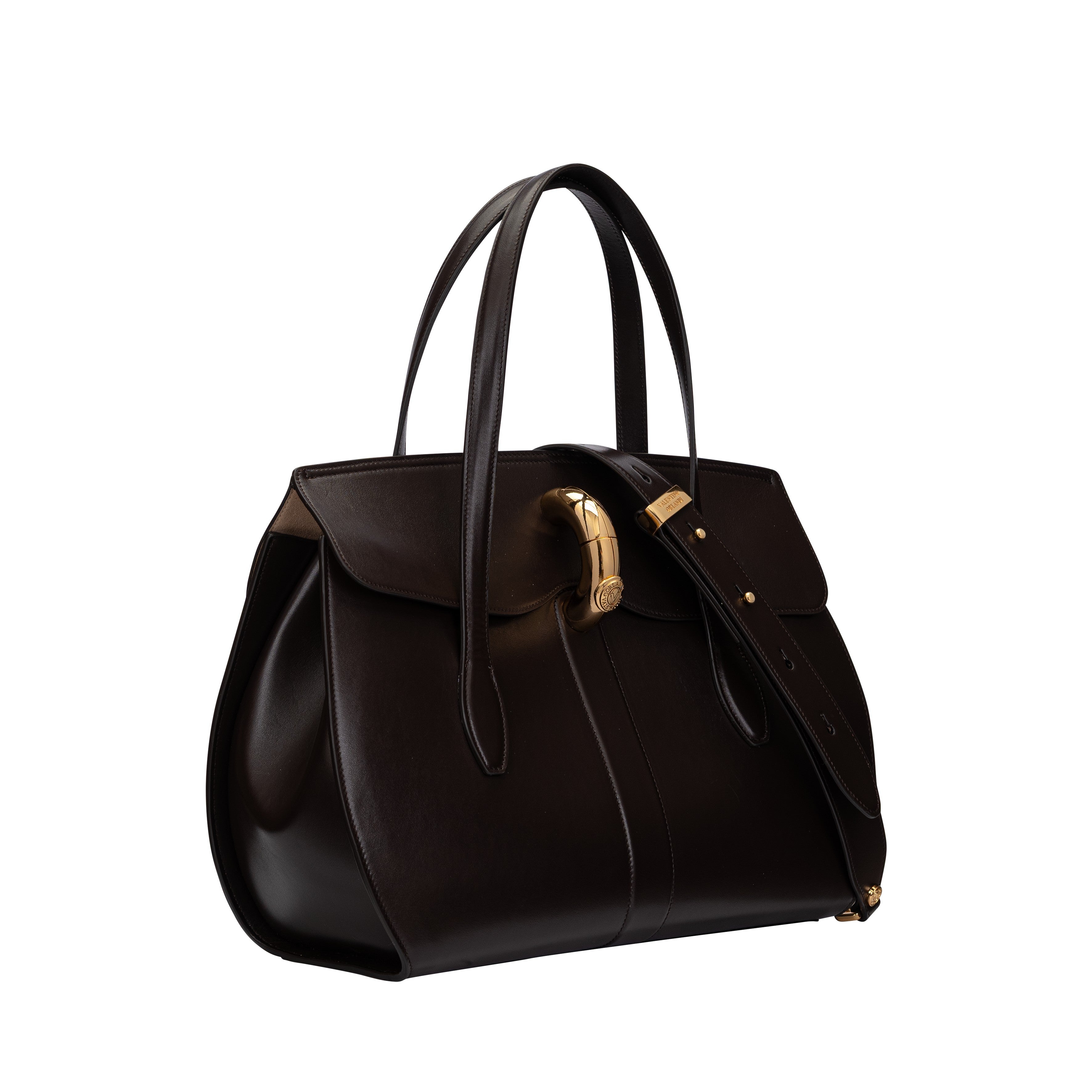 Angled side view of the espresso brown Valentino Orlandi bag, showing its curved side profile and adjustable leather shoulder strap with gold hardware.