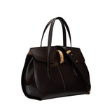 Angled side view of the espresso brown Valentino Orlandi bag, showing its curved side profile and adjustable leather shoulder strap with gold hardware.
