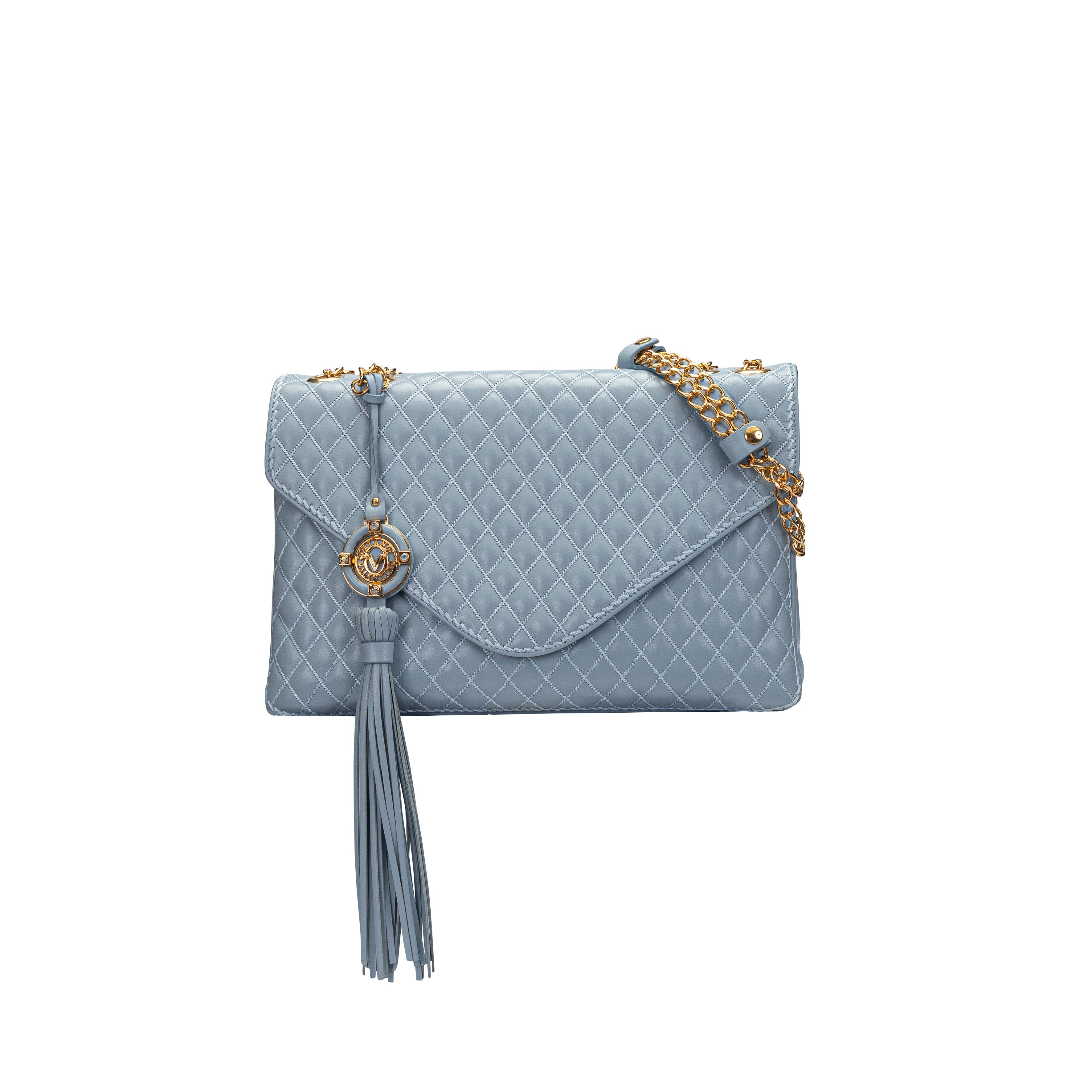 Front view of a Valentino Orlandi dusty blue quilted leather flap bag featuring a crystal-embellished V logo medallion and a long leather tassel.