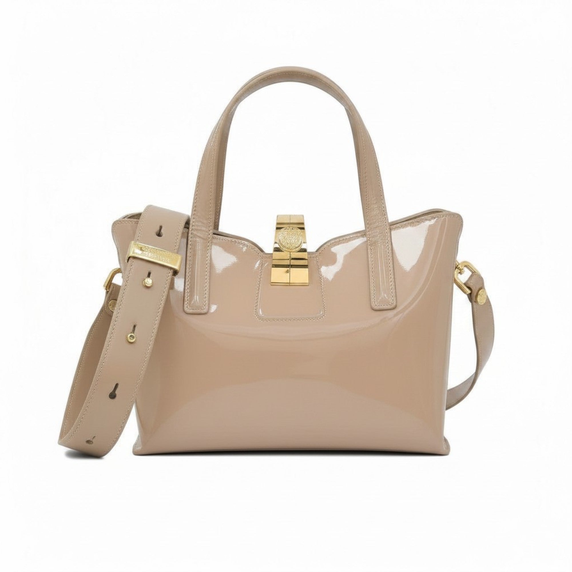 Orlandi Valentino Beige handbag with gold accents on a white background.