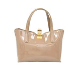 Beige handbag with a gold clasp on a white background.