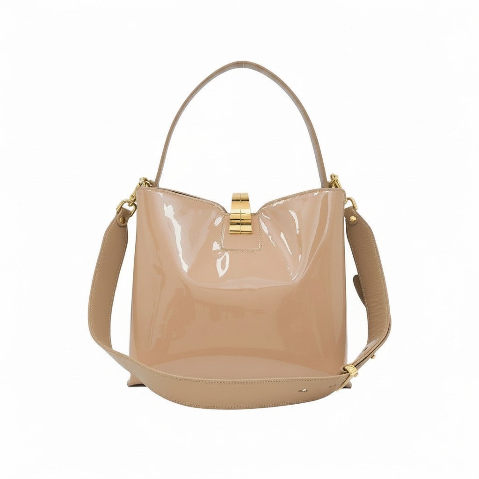 Front view of a beige patent leather shoulder bag with a gold-tone clasp closure, available at Blue Salon.