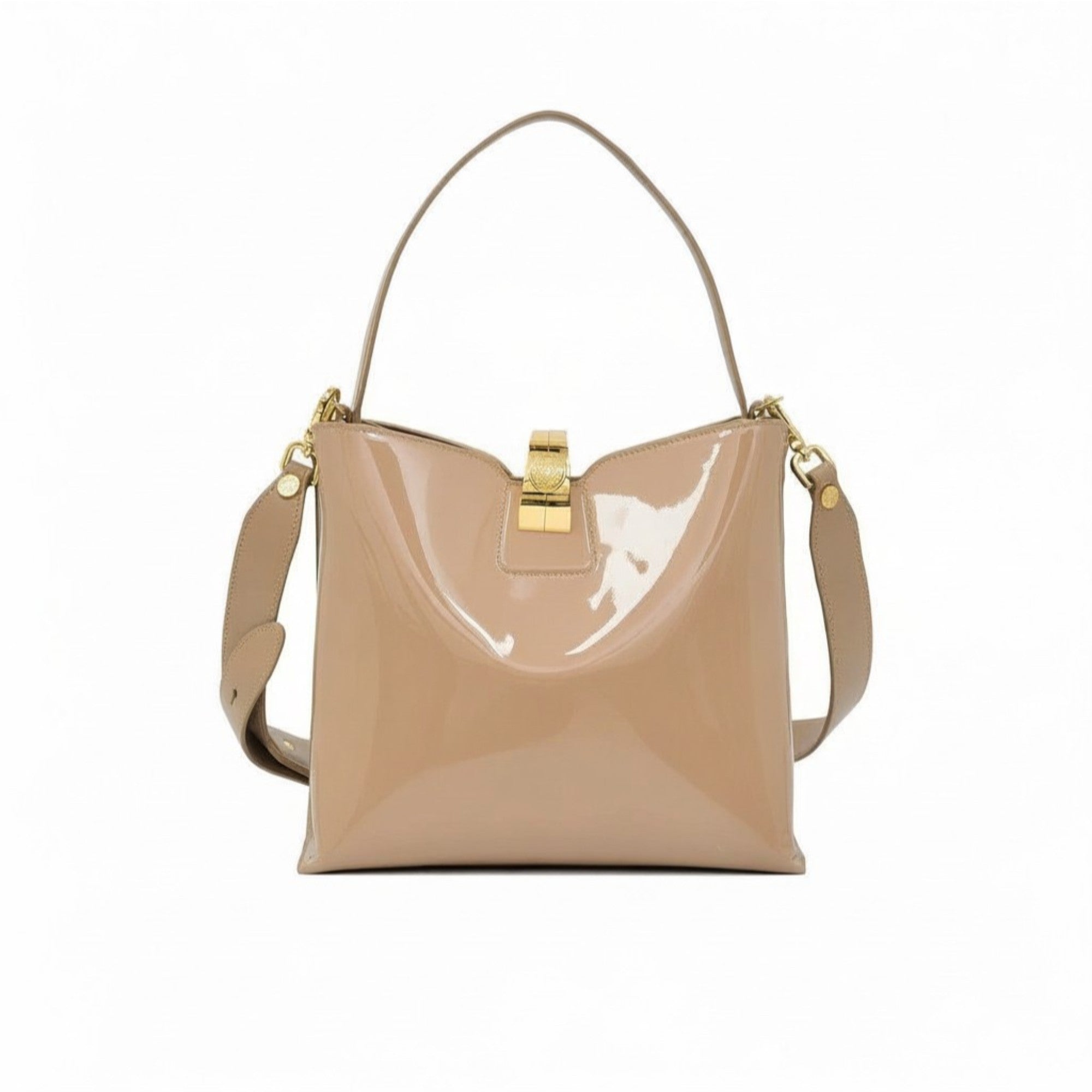 Front view of a beige patent leather shoulder bag with a gold-tone clasp closure, available at Blue Salon.