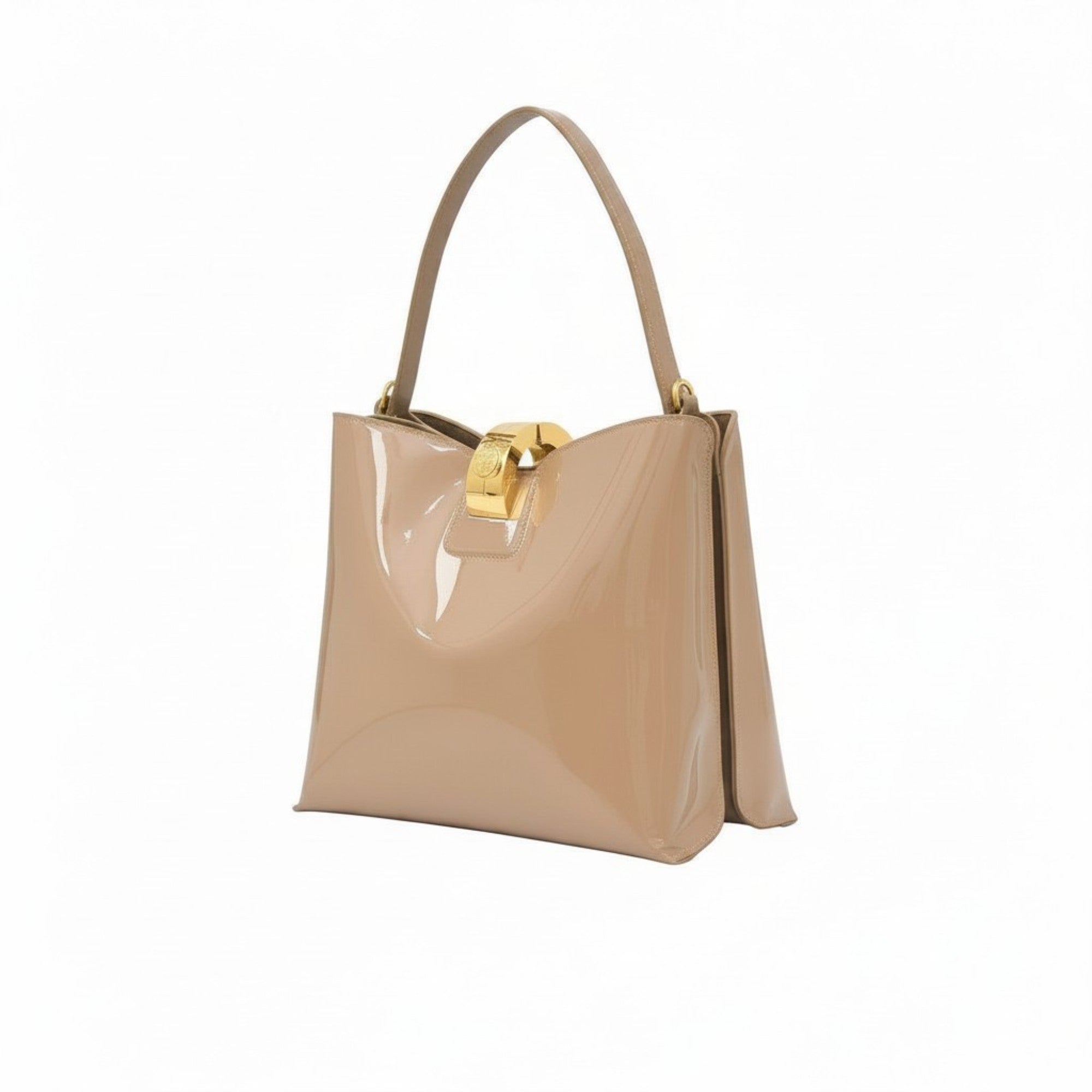 Three-quarter perspective view of the glossy beige patent leather handbag, showcasing its gold-accented hardware.