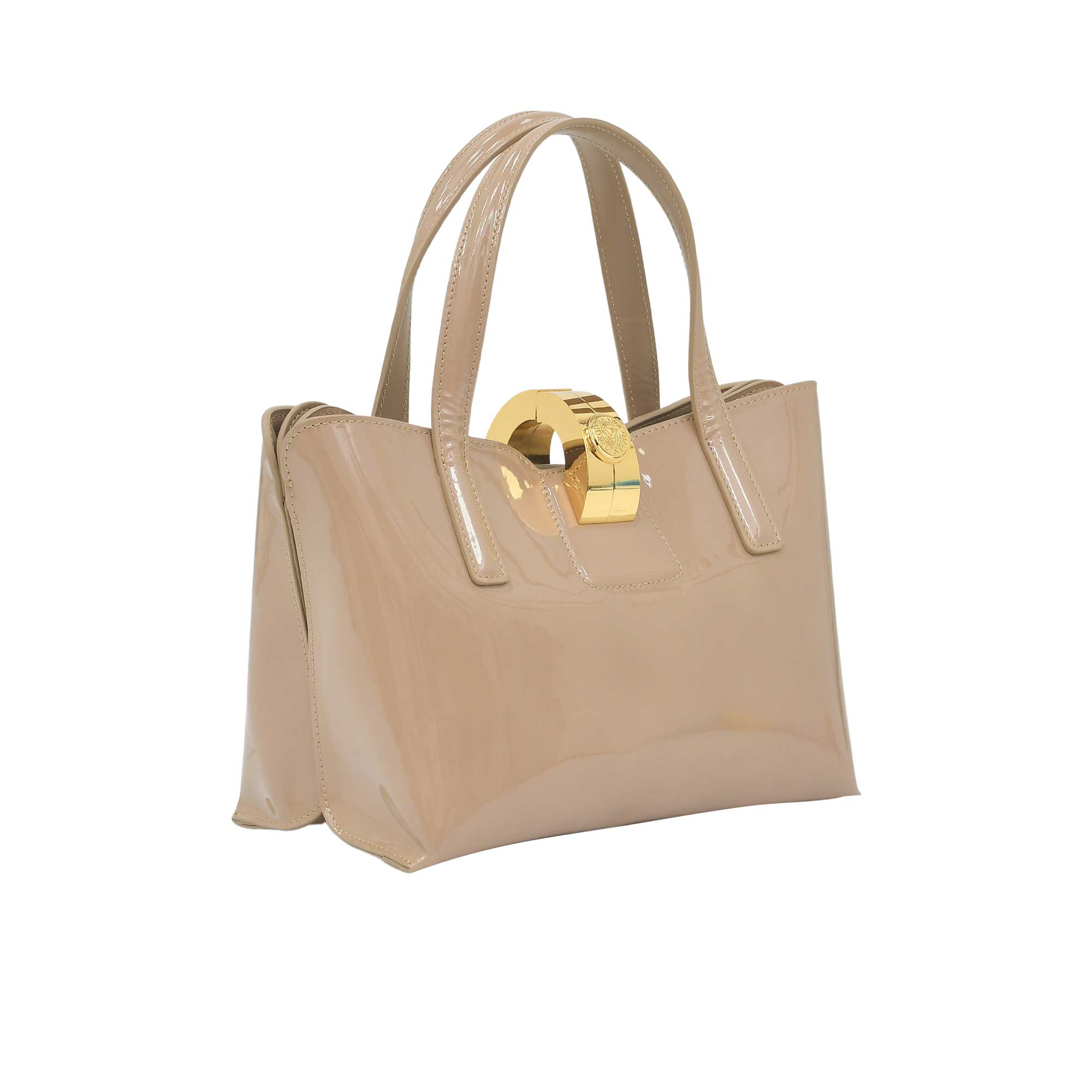 Beige handbag with a gold clasp on a white background.