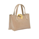 Beige handbag with a gold clasp on a white background.