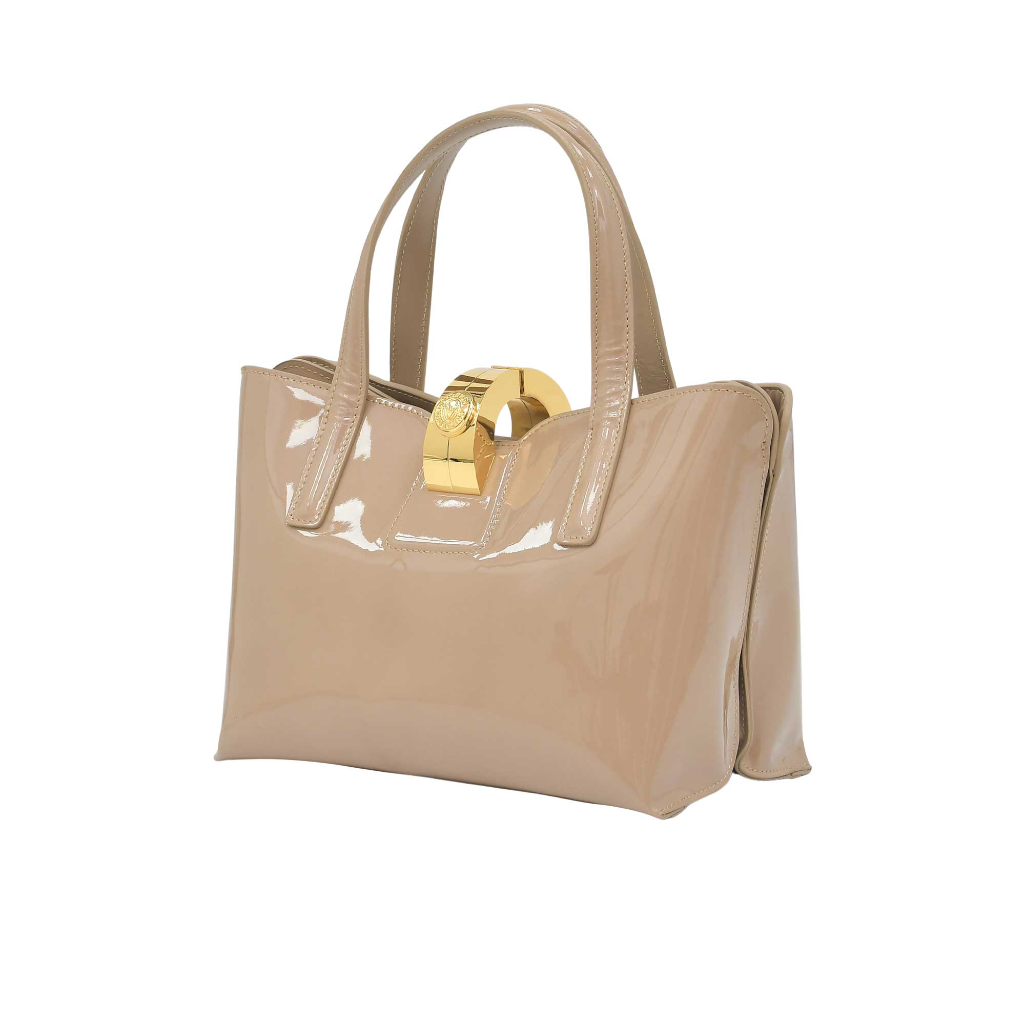 Beige handbag with a gold clasp on a white background.