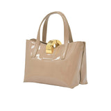 Beige handbag with a gold clasp on a white background.