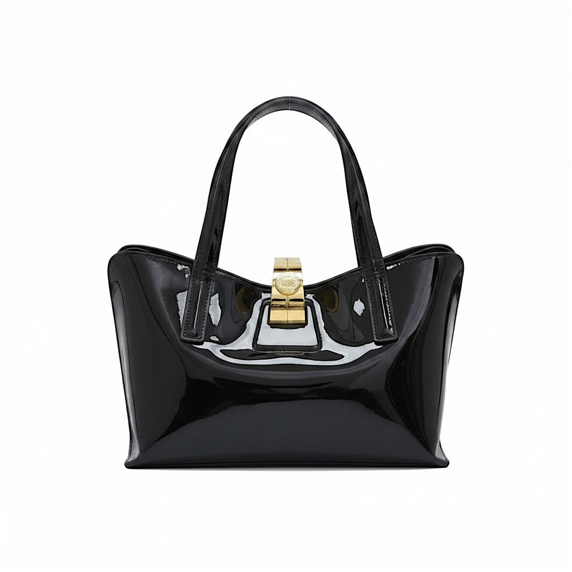 Black handbag with a gold clasp on a white background.
